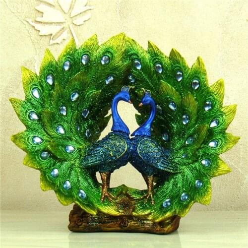 Plumage Spreading Peafowl Couple Statue Handmade Resin Peacock Lovers Sculpture Mascot Decor Craft Gift Ornament Accessories