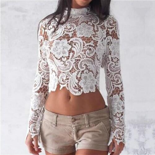 Women Elegant Blouse Shirts 2021 Summer Autumn Lace Hollow Out Long Sleeve Turtleneck Vintage Crop Tops Blouses Female