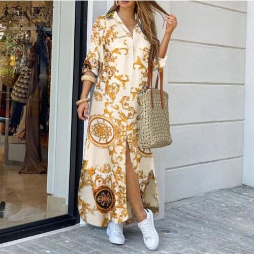 Womens Fashion Long Maxi Dresses ZANZEA Floral Print Robe Longue Holiday Beach Casual Vestidos 2021 Autumn Bohemian Shirt Dress