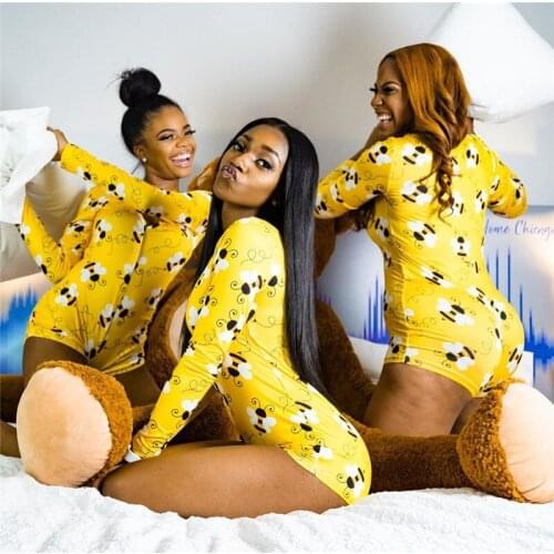 2020 Sexy Jumpsuit Women Deep V-neck Cartoon Bodysuit Long Sleeve Bodycon Stretch Bodysuit Button Short Romper Pajama Sleepwear