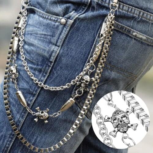 3 layers punk mens keychain wallet chainskull motorcycle rider link belt crochet pants trousers waist chain for boys