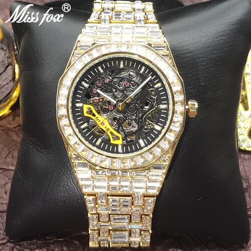 Hip Hop Hollow MISSFOX Mechanical Men Watches Full Diamond 18K Gold Bling Watch Waterproof Automatic Tourbillon jewelry Clocks