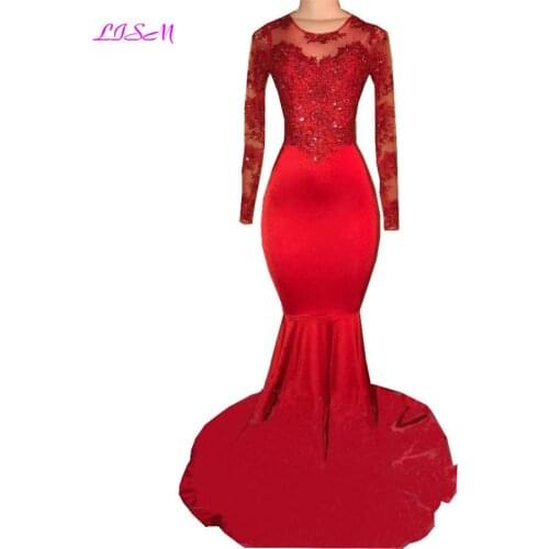 Long Sheer Mermaid Evening Dresses Red Beaded Appliques Satin Prom Party Gowns Sexy Long Formal Dress Vestido De Festa