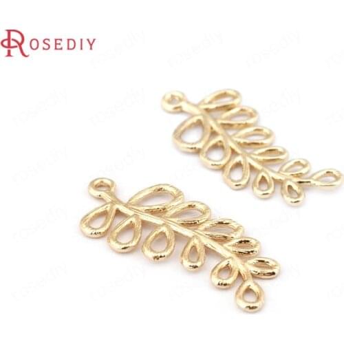 F538)6 pieces 11*23mm hole 1.2mm Brass 24K Champagne Gold Color Plated Tree Leaves Charms Pendants Jewelry Findings Accessories