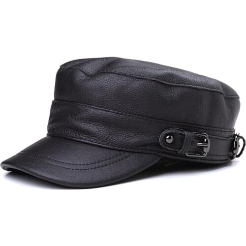Leather Flat Top Casual Mens Military Cap Middle Aged Outdoor Single Hat With Cow Hide Caps