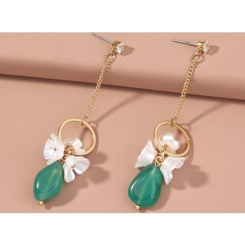 Korean Fashion Vintage Green Crystal Earring Golden Flower Tassel Dangle Earrings For Women 2021 Jewelry Wholesale