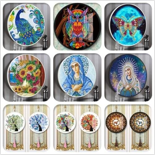 Round Frame Diamond Painting Pendant with Tassel DIY Rhinestone Kits Home Decoration Mural Suitable for Hanging Wall