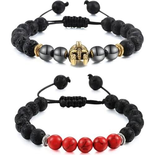 Lava Stone Bracelet Gladiator Helmet Charm Bead Bracelets For Men Women Trendy Jewelry Handmade Adjustable Rope Braided Pulseira