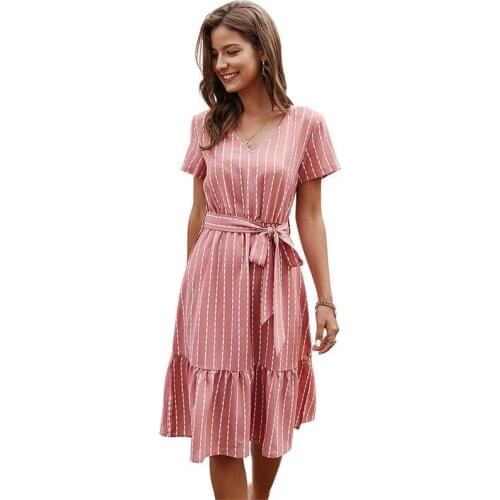 Summer 2021 New Women Sexy V-Neck Holiday Party Dresses Temperament Striped Casual All-Match Waist And Leg-Length Printed Dress