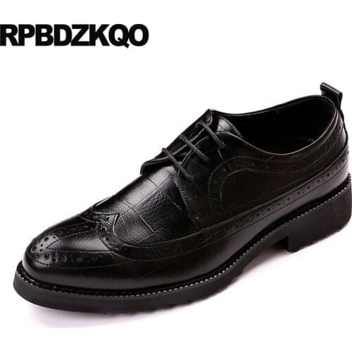 Hidden Height Increasing Shoes Wingtip Pointed Toe Loafers Black Lace Up Rubber Sole Work Dress Brogue Elevator Men Business