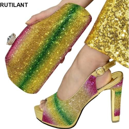 New Ladies Italian Shoes and Bag Set Decorated with Rhinestone Italian In Women High Quality African Wedding Shoes Party Pumps
