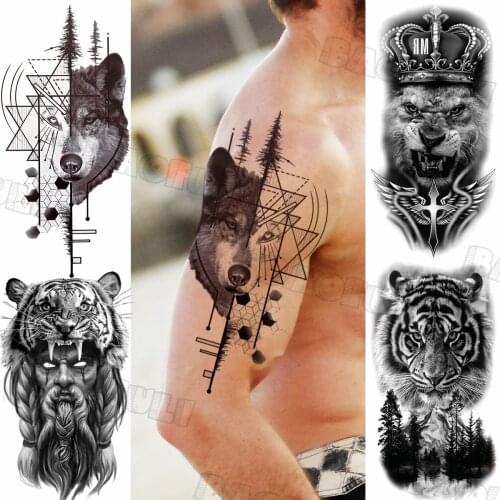 Realistic Geometric Wolf Forest Temporary Tattoos For Men Adult Tiger Lion Tribal Fake Tattoo Water Transfer Tatoos Waterproof