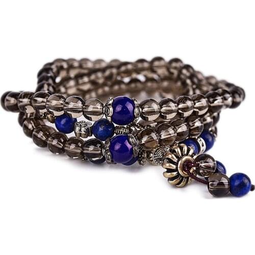 Asingeloo Tibetan Buddhist Natural Smoking Quartz Lazuli Lapis Stone Prayer Beads Buddha Bracelet Rosary Bracelets Men Jewelry
