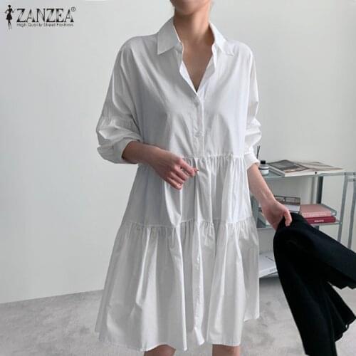 ZANZEA 2021 Stylish Spring Shirt Dress Womens Ruffle Sundress Casual Lapel Vestidos Female Solid Button Robe Femme Plus Size