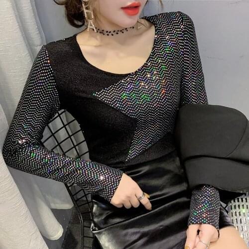 Shiny Bling Bling T-shirt Women New 2020 Sequins Star Patchwork Long Sleeve Tops Cotton Casual T shirt Spring ropa mujer T02312B