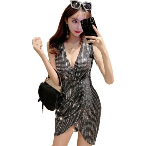 V-Neck Summer Silver Sequined Backless Sexy Dress Women Off Shoulder Mini Christmas Party Club Vest Dresses A19