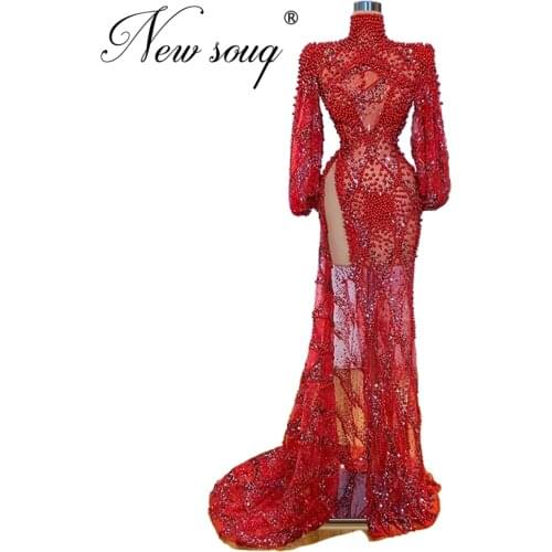 Robe Illusion See Through Evening Dresses Red Bead Celebrity Party Dress 2020 Couture Saudi Arabia Dubai Sequins Long Prom Dress