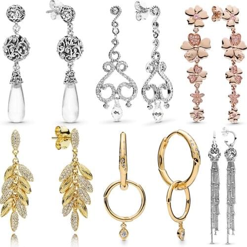 100% 925 Sterling Silver pandora Golden Leaf Earrings Cryolite Drop Earrings DIY Birthday Gift