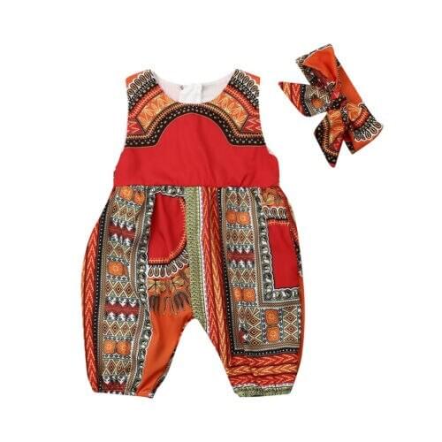 Hot Infant Baby Girl Kids African Print Romper Jumpsuit Clothes Toddler Summer Rompers Playsuit Headband 2Pcs Outfits Overalls