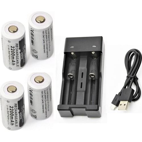 4pcs 3.7v 2200mAh CR123A rechargeable lithium battery+1pcs USB Charger 16340 18650 18500 14500 CR123A Battery Charger
