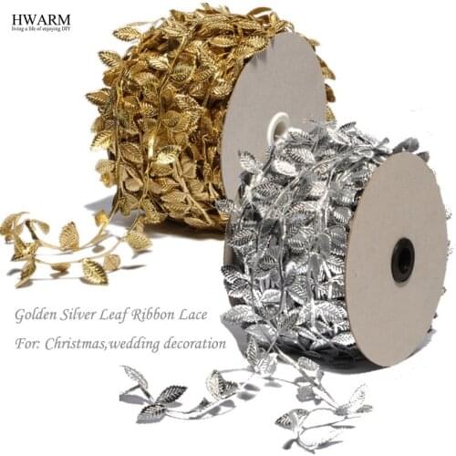 50yard/pcs Golden Silver Leaf Ribbon Leaf Lace fabric trim christmas decoration wedding decoration for home festival accessories
