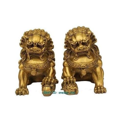 Large brass Small Large Pair Bronze Chinese Lion Foo Dog Statue Figure Sculpture Gold Color 6.5"H Decoration 100% Brass Bronze