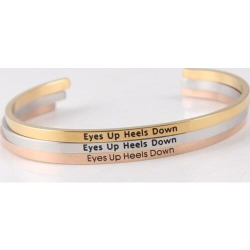 Eyes Up Heels Down 316L Stainless Steel Bracelets & Bangles Inspirational Adjustable Open Cuff Bar Bangle Mantra Bracelet
