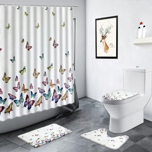 Color Butterfly Shower Curtains Creative Animals Simple Home Decor Bathroom Carpet Non-slip Door Mat Toilet Cover Bath Mats Sets