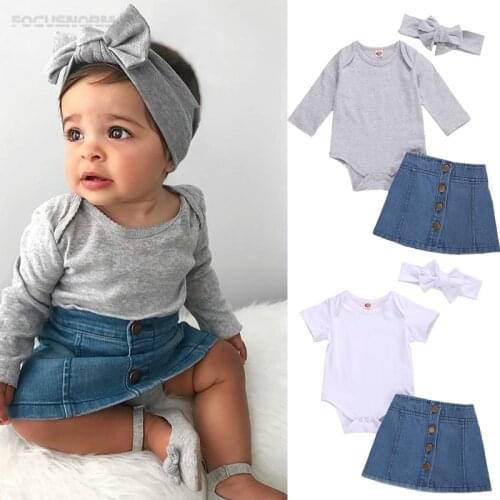 FOCUSNORM 0-24M Autumn Baby Girls Clothes Sets 3pcs Solid Long/Short Sleeve Romper Tops Denim A-Line Skirts Headband