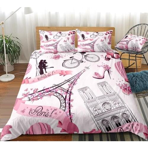Eiffel Tower Duvet Cover Set Pink Girls Bedding Set Romantic Paris Bed Linen Girls Lover Home Textiles Couple Bedclothes