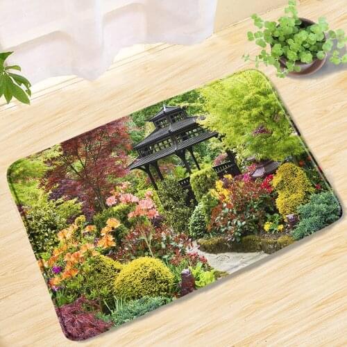 Garden Landscape Bath Mat Autumn Red Leaves Fake Mountain Stone Scenery Non-Slip Entrance Door Mat Door Mat Bathroom Rug Carpet