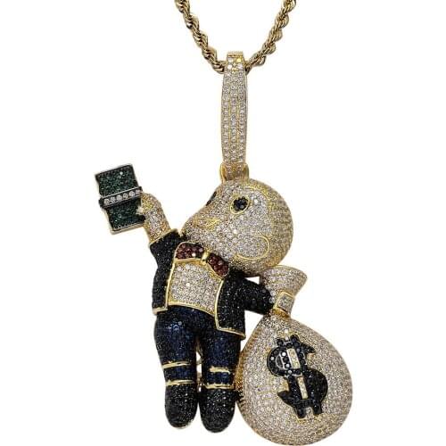 Hip Hop Pendant Hand Dollar Bill Bald Little Boy Beauty Money Bag Colorful Zircon Tyrant Pendant Cartoon Character Necklace