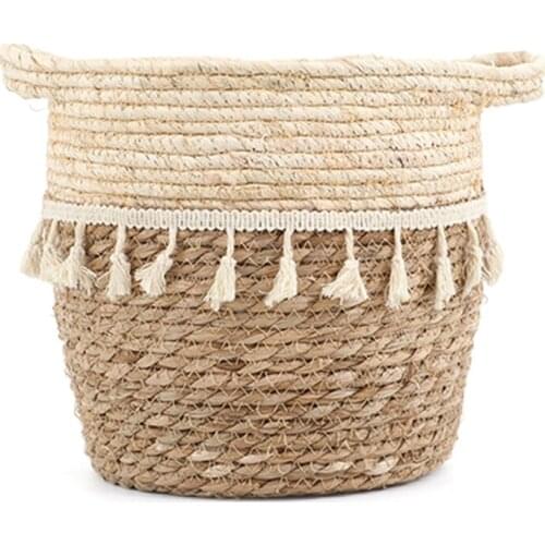 Seaweed Flowerpot Basket Storage Bucket 16*16*13cm Waterproof With Tassels Straw Or Outdoor Home Decoration Plant Container