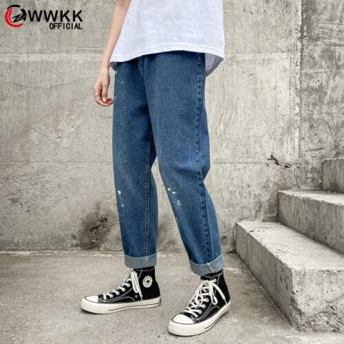 WWKK Mens Korean Fashoins Harem Blue Jeans Pants 2020 Vintage Straight Pants Harajuku Jeans Baggy Belt High Quality Denim