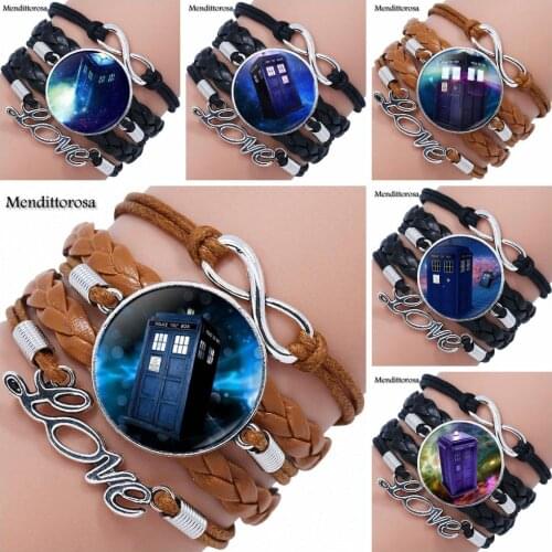 For Women Kids Doctor Who Tardis Fashion Novelty Glass Multilayer Black/Brown Leather Bracelet Bangles
