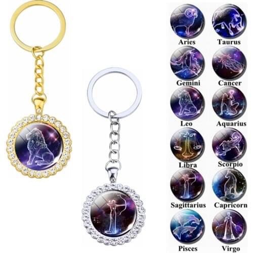 New 12Constellation Glass Keychain Fashion Rhinestone Keychain Pendant Silver/gold Plated Zodiac Carkeyring Jewelry Birthdaygift