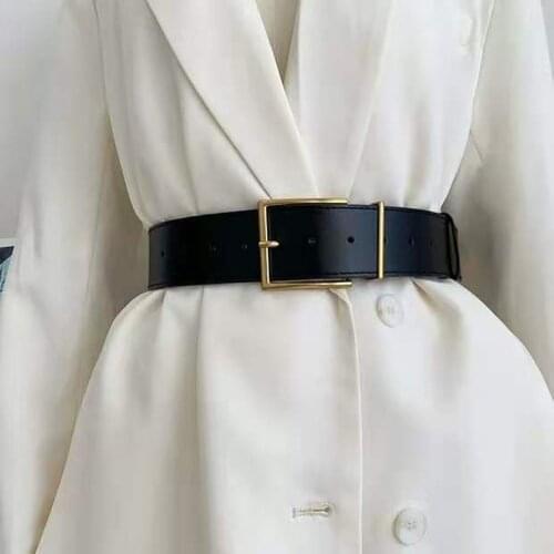Womens Fashion Black Wide Belt Square Pin Buckle Imitation leather Waist Strap Decorative Coat Dress Simple Dress Waistband