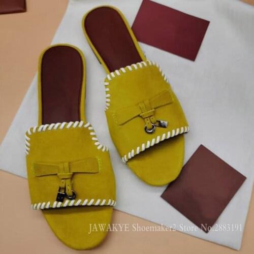 New Sewing Lock Decor Slides Women Comfort Suede Summer Walk Slippers Fringe Tassel Open Toe Flat Mules Comfort Beach Shoes