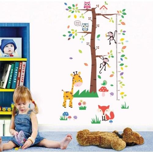 Cute Monkey Giraffe Owls Growth Chart Children Height Measure Wall Art Stickers For Kids Room Decor Diy Animals Decal Pvc Poster