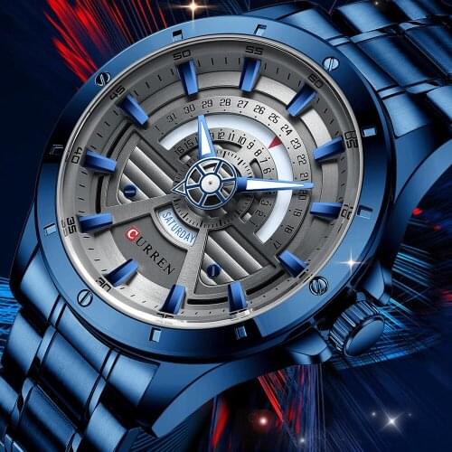 Blue Stainless Steel Watches Mens 2021 CURREN Hot Fashion Quartz Watch Date Week Clock Male Waterproof Creative Wristwatch Man
