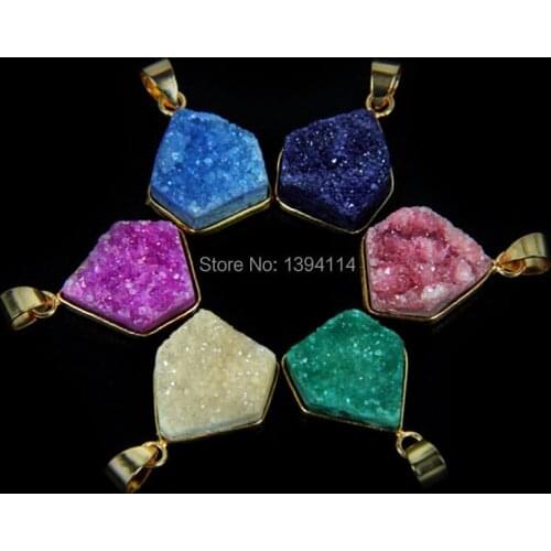 Mixed Colors Crystal Cluster Pentagonal Pendant With Copper Casing Of Cladding Gold Approx 16*16 mm
