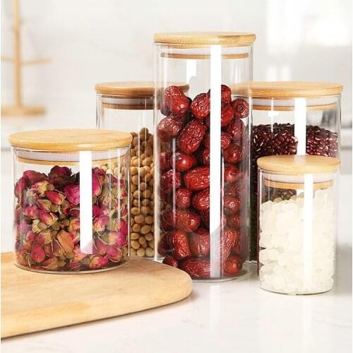 Candy Tea Bean Jar Spice Glass Transparent Container Wooden Lid Kitchen Storage Organizer Food Bottle Wood Plug Cereal Sugar Can