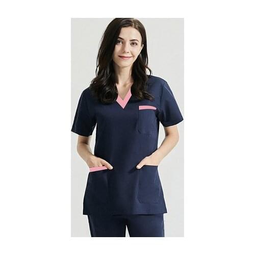 Pure Cotton Color Blocking Scrub Top Women Uniforms Short Sleeve V Neck Shirt Veterinary Side Vent Big Pockets Workwear Clothes