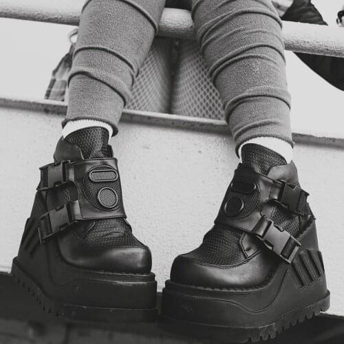 Brand Design Street Cool Fashion Black Gothic Style Boots High Heels Platform Wedges Woman Shoes Motorcycle Boots Big Size 50
