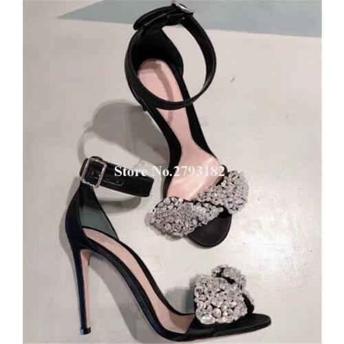 Women Luxury Open Toe Suede Leather Big Rhinestone Thin Heel Sandals Ankle Strap Crystal High Heels Wedding Shoes Dress Shoes
