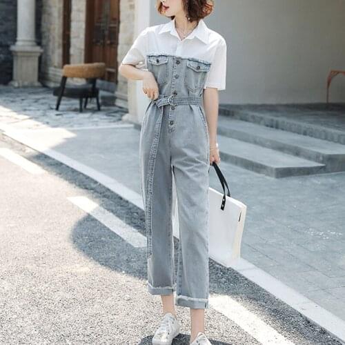 Vintage Long Jumpsuits Women Short Sleeve Shirt Denim Patchwork Overalls 2021 Summer Straight Trousers Romper Casual Playsuits