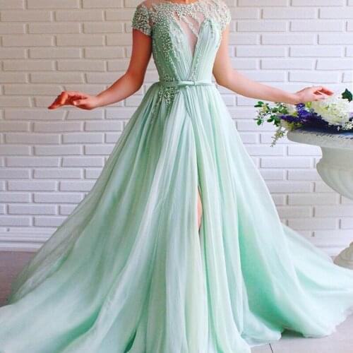 Popular Short Sleeves with Beading Mint Green Sexy Evening Dress Front Slit Tulle Prom Dress Occasion Dresses for Women