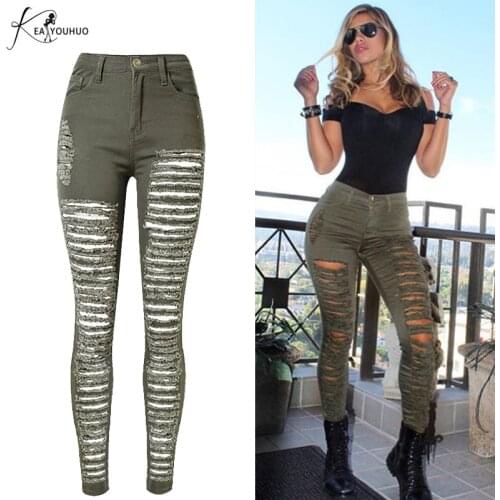 2021 Summer High Waist Ripped Jeans Denim Jeans Green Army Military Boyfriend Jeans For Womens Lady Skinny Jean Camouflage Pants