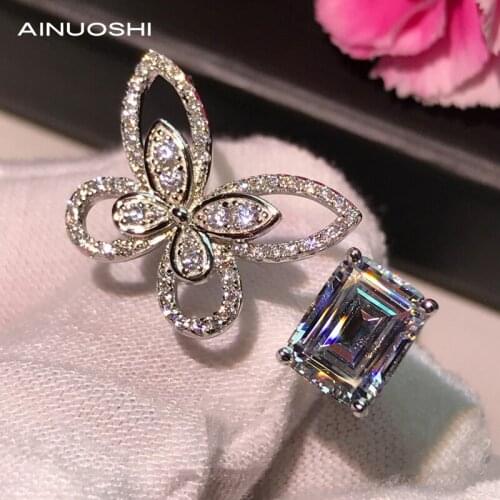 AINUOSHI 925 Sterling Silver Emerald Cut SONA Diamond Engagement Rings For Wedding Band Jewelry Butterfly Rings Adjustable Size