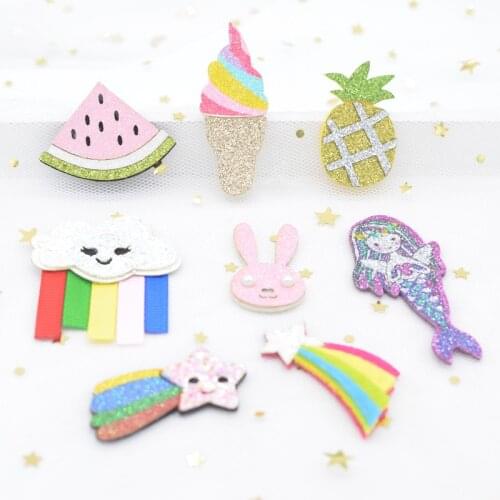 8Pcs Glitter Watermelon Pineapple Ice Cream Rabbit Smiley Starlight Clouds Mermaid Appliques for DIY Hair Clips Bow Stickers H61